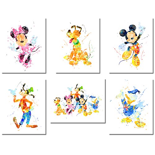 Product Cover Mickey Mouse Wall Art Watercolor Poster Prints - Set of 6 (8 inches x 10 inches) Photos - with Mickey Minnie Donald Duck Goofy Pluto
