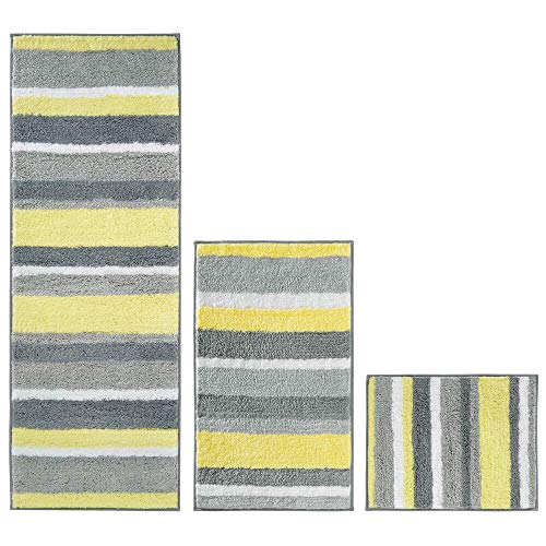 Product Cover mDesign Striped Microfiber Polyester Spa Rugs for Bathroom Vanity, Tub/Shower - Water Absorbent, Machine Washable, Includes Soft Non-Slip Rectangular Accent Rug Mat in 3 Sizes - Set of 3 - Gray/Yellow