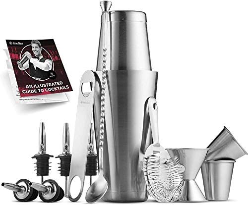 Product Cover Premium Cocktail Shaker Bar Tools Set (14 piece) Brushed Stainless Steel Bartender Kit, with All Bar Accessories, Cocktail Strainer, Double Jigger, Bar Spoon, Bottle Opener, Pour Spouts