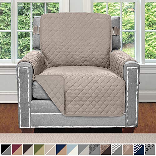 Product Cover Sofa Shield Original Patent Pending Reversible Chair Protector for Seat Width up to 23 Inch, Furniture Slipcover, 2 Inch Strap, Chairs Slip Cover Throw for Pet Dogs, Cats, Armchair, Light Taupe