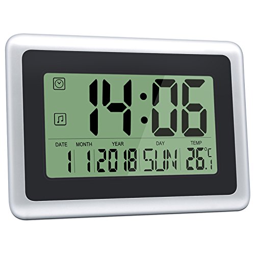 Product Cover HeQiao Digital Wall Clocks Large Decorative LCD Alarm Clock (Black w/Silver)