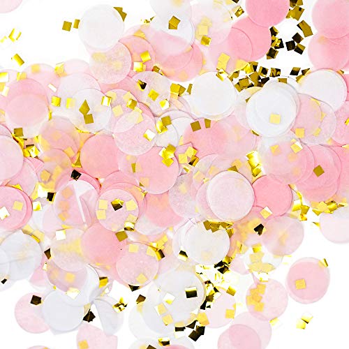 Product Cover Premium 1-inch Round Tissue Paper Party Table Confetti - 50 Grams (Pink, White, Gold Mylar Flakes)