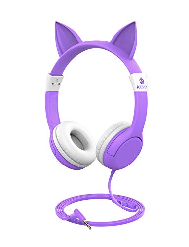 Product Cover [Upgrade] iClever Boostcare Kids Headphones Girls - Cat Ear Hello Kitty Wired Headphones for Kids with MIC, Adjustable 85/94dB Volume Control - Toddler Headphones on Ear for School Tablet, Purple