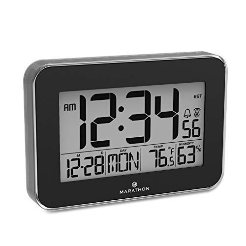 Product Cover MARATHON CL030060BK Designer Atomic Wall Clock with Polished Acrylic Bezel. Displays Calendar, Indoor Temperature and Humidity. (Black)
