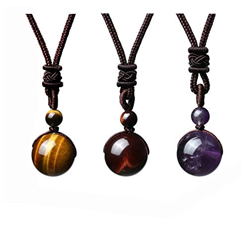 Product Cover JOVIVI 3pcs Healing Crystals Necklace Natural Tiger Eye Amethyst Lucky Blessing Protection Chakra Beads Stone Pendant for Women Men Adjustable