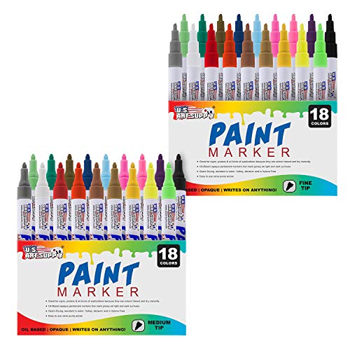 Product Cover U.S. Art Supply Set of 36 Oil Based Paint Pen Markers (18 Colors - Both Medium and Fine Point Tip Sets)