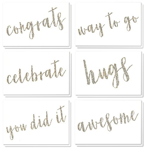 Product Cover 36 Pack All Occasion Sentiments Glitter Greeting Cards, 6 Assorted Congrats, You Did It, Celebrate, Hugs, Awesome, Hugs Designs, Bulk Box Set Variety Assortment, Envelopes Included, 4 x 6 Inches