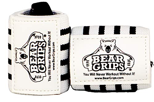 Product Cover Bear Grips: Gray Series, White Series Wrist-Wraps, Extra-Strength Wrist Support, Wrist Brace for Workouts, wods (White with Black Stripes, 18