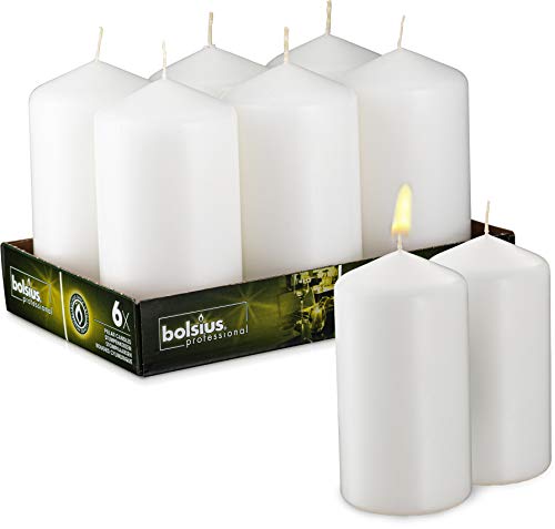 Product Cover BOLSIUS Set of 6 White Unscented Pillar Candles - Large White Pillar Candle Set for Weddings, Parties and Special Occasion Décor - Non-drip White Candles with 65 Hours Burning Time - 3-inch x 6-inch