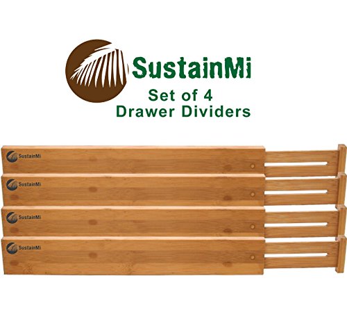 Product Cover Bamboo Wooden Drawer Dividers | Expandable and Adjustable Kitchen Drawer Organizer |Good for Bedroom, Bathroom, Baby, Desk | Set of 4|