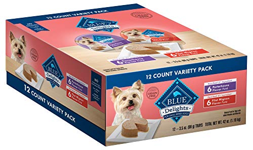 Product Cover Blue Buffalo Divine Delights Natural Adult Small Breed Wet Dog Food Cups Variety Pack, Filet Mignon Flavor in Savory Juice and Porterhouse Flavor in Savory Juice 3.5-oz (12pack- 6 of each flavor)
