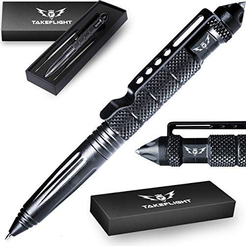 Product Cover Tactical Pen Self Defense Tool - Survival Multitool + Window Glass Breaker for Police, Military, SWAT, EDC | Smooth Writing Black Ballpoint, Gift Boxed with Extra Refills (Black)