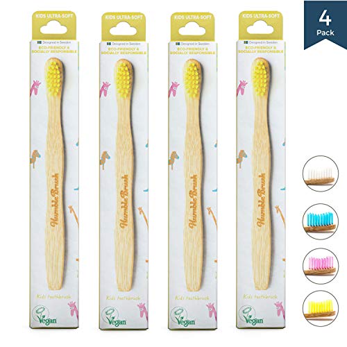 Product Cover Bamboo Vegan Toothbrush [Set 4] - All Natural Wooden Toothbrushes - Organic, Eco-Friendly and Biodegradable with BPA Free Bristles - Helps Save The Planet and Kids in Need (Kids, Yellow)