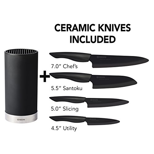 Product Cover Kyocera Universal Knife Block Set Includes: Black Soft Touch Round Block and 4 Innovation Series Ceramic Knives, Z212 Black Blades