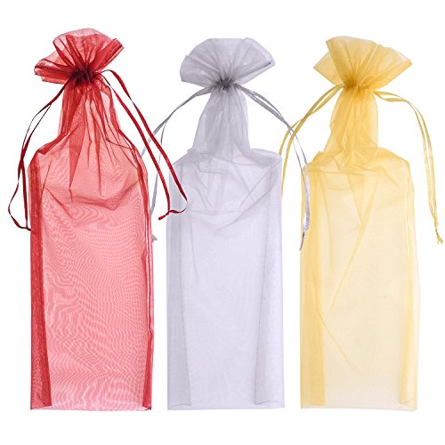 Product Cover Blulu Organza Wine Bottle Bags Wine Gift Bags 6.5 by 15 inch, Gold, Silver and Wine Red, 24 Pieces