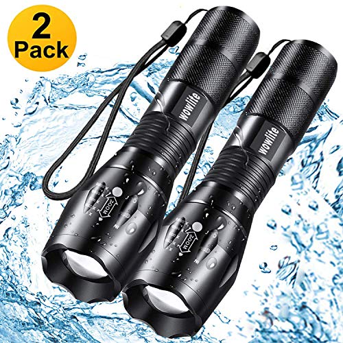 Product Cover Tactical Flashlight, Wowlite 1600 LM Ultra Bright - CREE XML T6 LED Taclight As Seen On Tv with 5 Light Modes & Adjustable Focus for Emergency Camping Hiking(2 Pack)