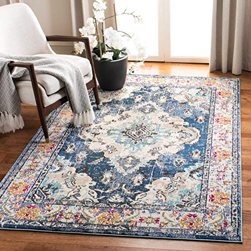Product Cover Safavieh Monaco Collection MNC243N Bohemian Chic Medallion Distressed Area Rug, 3' x 5', Navy/Light Blue