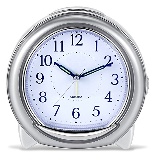 Product Cover BonyTek Super Silent Desk Alarm Clock, Quartz Alarm Clock with Loud Mechanical Bell Birdsong Melody Alarm, Nightlight, Snooze, Silent Sweep Seconds, Luminous Hands, Battery Powered (Sliver)