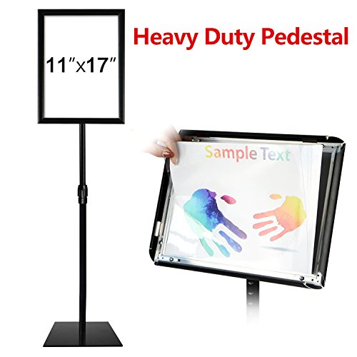 Product Cover T-SIGN Adjustable Heavy Duty Pedestal Poster Stand, Square Steel Base, 11 x 17 Inch Aluminum Snap Open Frame, Vertical and Horizontal Displayed, Black