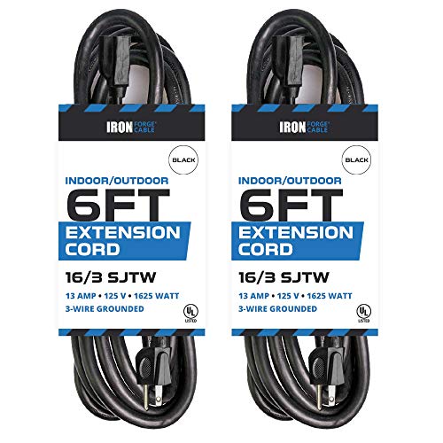 Product Cover 2 Pack of 6 Ft Outdoor Extension Cords - 16/3 Heavy Duty Black Extension Cord Pack