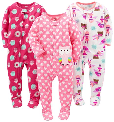 Product Cover Simple Joys by Carter's Baby Girls' 3-Pack Flame Resistant Fleece Footed Pajamas, Superhero/Donut/Owl, 18 Months