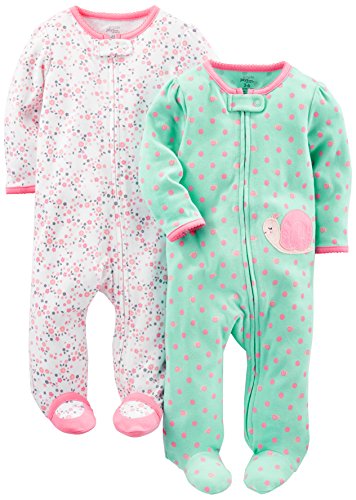 Product Cover Simple Joys by Carter's Baby Girls' 2-Pack Cotton Footed Sleep and Play, Pink Floral/Mint Snail, 3-6 Months