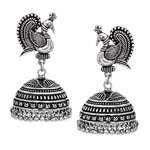 Product Cover V L Impex Dancing Peacock Black Metal Silver Palted Oxidized Jhumki Earrings For Women