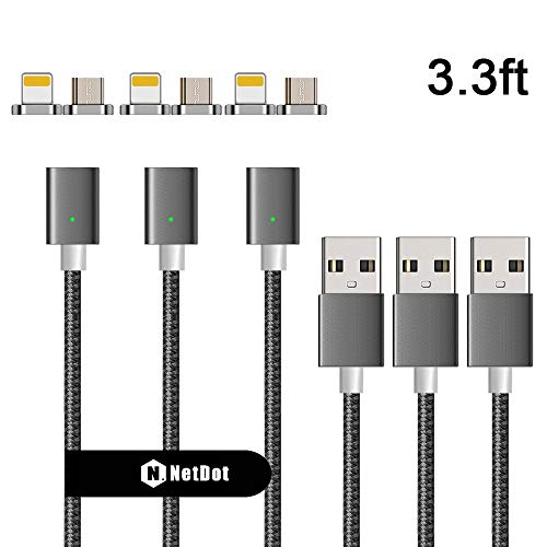 Product Cover NetDot 3rd Generation USB2.0 Magnetic Charging Cable Adapter with 1 iOS Connector and 1 Micro-USB Connector Compatible with Both Android Smartphone and iPhone - 3.3 Feet / 3 Pack Gray