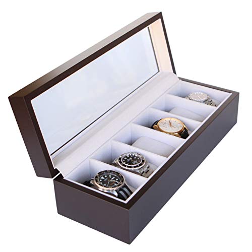 Product Cover Solid Espresso Wood Watch Box Organizer with Glass Display Top by Case Elegance