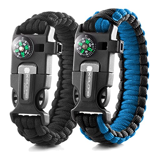 Product Cover X-Plore Gear Emergency Paracord Bracelets | Set of 2| The Ultimate Tactical Survival Gear| Flint Fire Starter, Whistle, Compass & Scraper | Best Wilderness Survival-Kit - Black(R)/Blue(R)