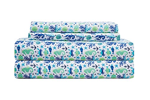 Product Cover Elite Home Products 90 GSM Microfiber Coastal Beach-Themed Printed Sheet Set, Queen, Clearwater Aqua