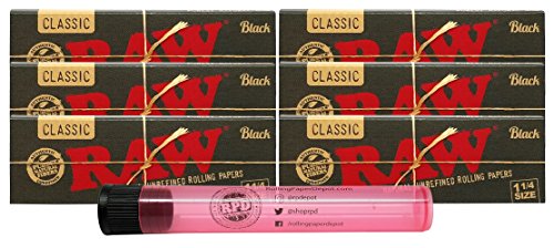 Product Cover RAW Black Natural Unrefined 1 1/4 Rolling Papers (6 Packs) with Rolling Paper Depot Doob Tube