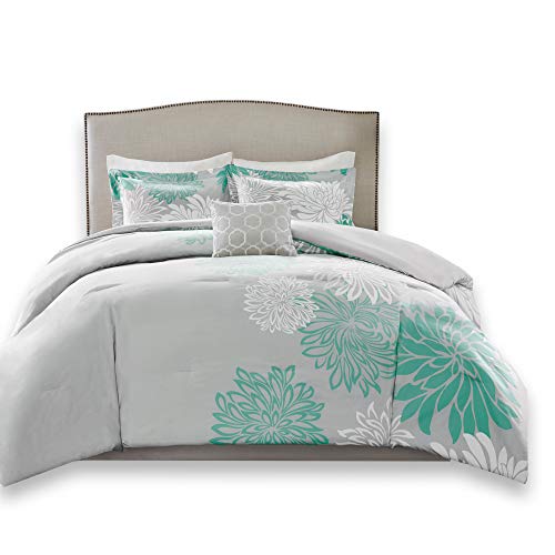 Product Cover Comfort Spaces Enya 5 Piece Comforter Set Ultra Soft Hypoallergenic Microfiber Floral Print Bedding, Full/Queen, Aqua/Grey
