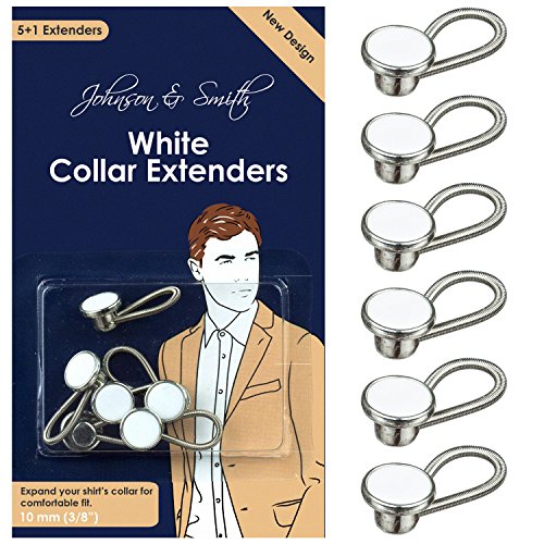 Product Cover White Metal Collar Extenders by Johnson & Smith - Stretch Neck Extender for 1/2 Size Expansion of Men Dress Shirts, 5 +1 Pack, 3/8