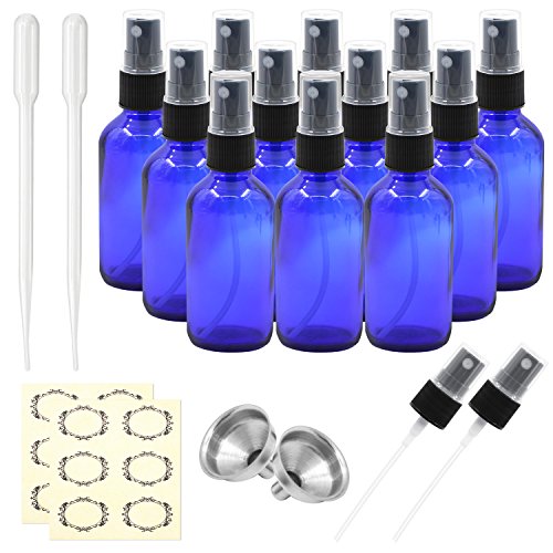 Product Cover Pack of 12, 2 oz Cobalt Blue Glass Spray Bottles with Black Fine Mist Sprayers by Mavogel,Including 2 Extra Black Fine Mist Sprayers, 2 Stainless Steel Mini Funnel, 2 Transfer Pipettes, 12 Labels