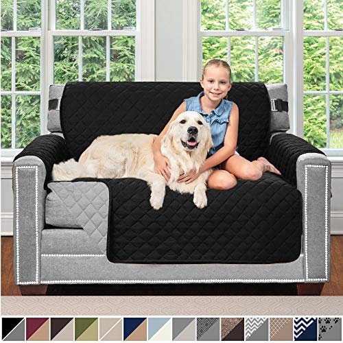 Product Cover Sofa Shield Original Patent Pending Reversible Chair Protector for Seat Width up to 48 Inch, Furniture Slipcover, 2 Inch Strap, Chairs Slip Cover Throw for Pets, Kids, Cats, Armchair, Black Gray