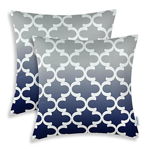 Product Cover CaliTime Pack of 2 Canvas Throw Pillow Covers Cases for Couch Sofa Home Decor Modern Gradient Quatrefoil Accent Geometric 18 X 18 Inches Gray to Navy Blue