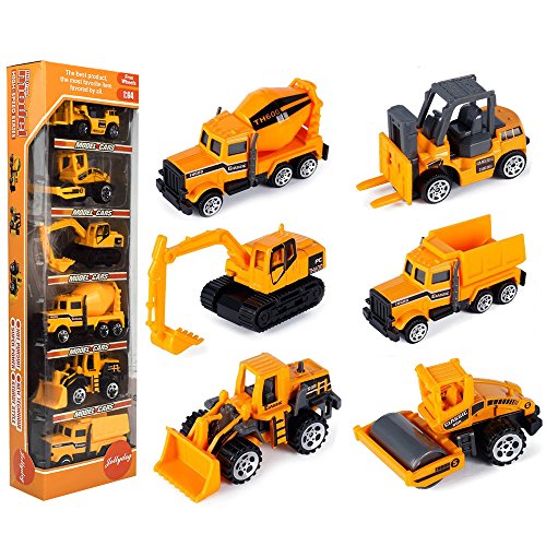 Product Cover JellyDog Inertia Toy Early Engineering Vehicles Friction Powered Kids Dumper, Bulldozers, Forklift, Tank Truck, Asphalt Car and Excavator Toy for Children Kids Boys and Girls, Set of 6