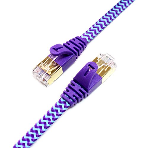Product Cover Tera Grand - 25FT - CAT7 10 Gigabit Ethernet Ultra Flat Patch Cable for Modem Router LAN Network - Braided Jacket, Gold Plated Shielded RJ45 Connectors, Faster Than CAT6a CAT6 CAT5e, Purple & Blue