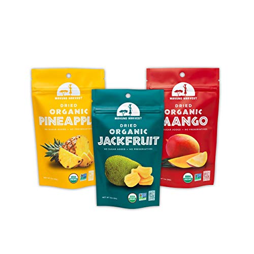 Product Cover Mavuno Harvest Direct Trade Organic Dried Fruit Variety Pack, Mango, Pineapple, and Jackfruit, 3 Count