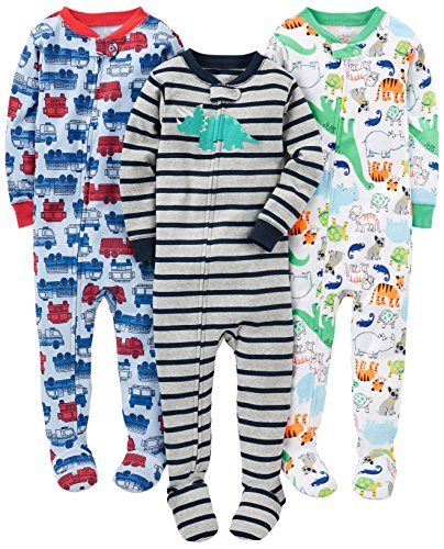 Product Cover Simple Joys by Carter's Baby Boys' 3-Pack Snug-Fit Footed Cotton Pajamas, Fire Truck/Dino/Animals Green, 24 Months
