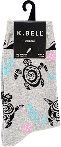Product Cover K. Bell Women's Playful Animals Novelty Casual Crew Socks, Tribal Turtles (Grey), Shoe Size: 4-10