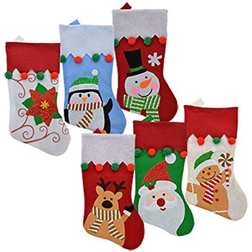 Product Cover Set of 6 Pack: Christmas House Felt Christmas Character Stockings with Pom-Pom Embellishments, 18 inch