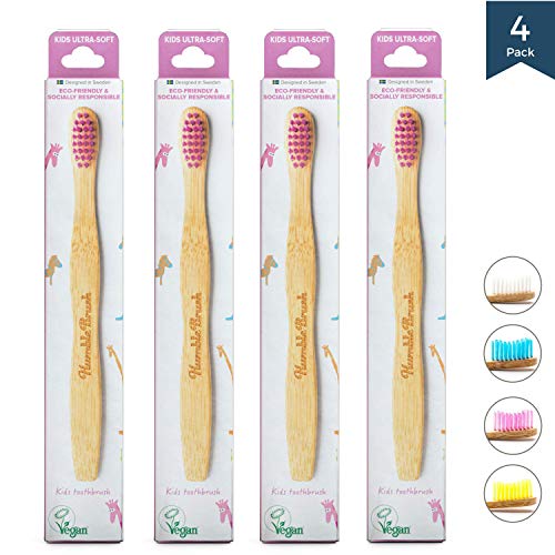 Product Cover Bamboo Vegan Toothbrush [Set 4] - All Natural Wooden Toothbrushes - Organic, Eco-Friendly and Biodegradable with BPA Free Bristles - Helps Save The Planet and Kids in Need (Kids, Purple)