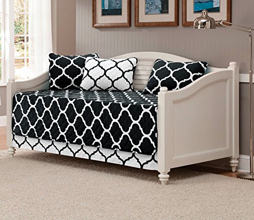 Product Cover Mk Collection 5pc Modern Elegant Bedspread DayBed Cover Set Black/White Geometric Contemporary Pattern Quilted New