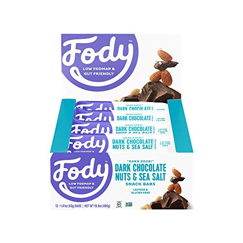 Product Cover Fody Foods Vegan Protein Nut Bars | 8g Protein Snack Bar | Low FODMAP Certified | Gut Friendly IBS Friendly Snacks | Gluten Free Lactose Free Non GMO | Dark Chocolate Nuts and Sea Salt, 12 Count