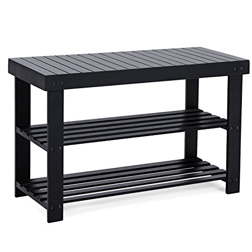 Product Cover SONGMICS Black Shoe Rack Bench, 3-Tier Bamboo Shoe Organizer, Storage Shelf, Holds Up to 264 Lb, Ideal for Entryway Hallway Bathroom Living Room and Corridor