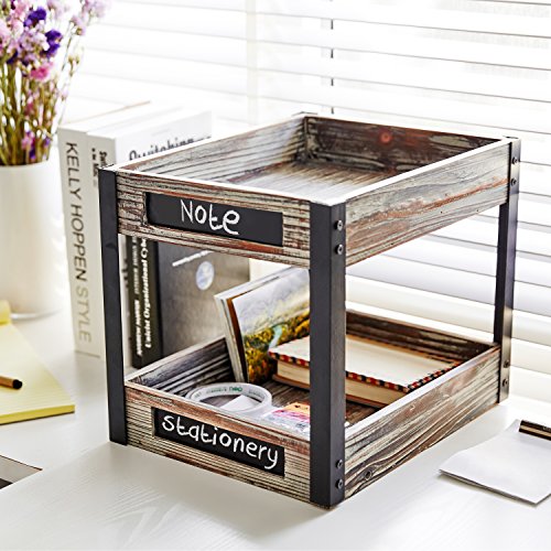 Product Cover 2 Tier Industrial Style Torched Wood Desktop Document Tray, Paper File Holder with Chalkboard Labels