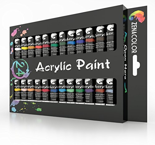 Product Cover Zenacolor  Acrylic Paint Set, 24 Acrylic Paints, 24 Tubes of 0.4 oz (12 mL) - Art Set for Adults and Kids - Craft Supplies Painting Canvas Panels, River Rocks, Glass, Wood, Fabric, Ceramic