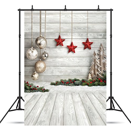 Product Cover SJOLOON 5X7ft Christmas Balls White Wood Floor Photography Backdrop Fabric Photo Backdrops Customized Studio Background JLT10383